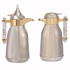 Saif Gallery Steel Shahd Thermos, 1+1 litre, white marble handle, 2 pieces - silver product image