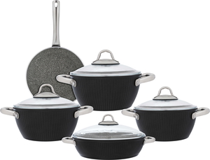 Estel Falz ribbed granite cookware set with glass lid, 9 pieces, 18 / 22 / 26 / 26 / (26) cm, Turkish - Black product image