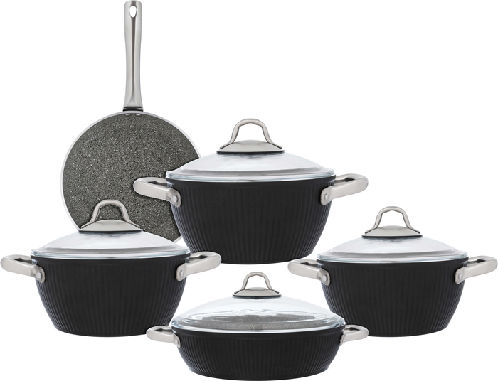 Estel Falz ribbed granite cookware set with glass lid, 9 pieces, 18 / 22 / 26 / 26 / (26) cm, Turkish - Black product image 1