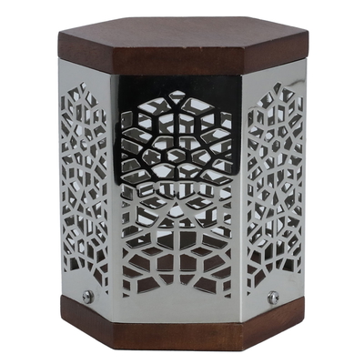 Al Saif Gallery steel candlestick with wooden cover, 9 x 9 x 12 cm, engraved - silver product image 1