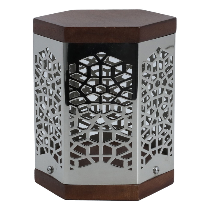 Al Saif Gallery steel candlestick with wooden cover, 9 x 9 x 12 cm, engraved - silver product image 1