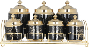 Al Saif Gallery porcelain spice box set, wooded, with golden stand, 8 pieces - black product image