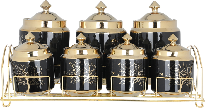 Al Saif Gallery porcelain spice box set, wooded, with golden stand, 8 pieces - black product image 1