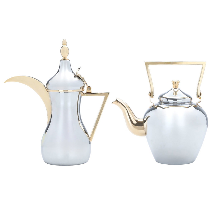 Sulaiman Steel Dallah Set Al Saif Gallery, 2.1.42 litres, gold handle - chrome product image 1