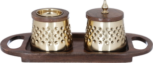 Al Saif Gallery Steel incense burner and incense box set, with a wooden base and two handles, 3 pieces - Gold product image