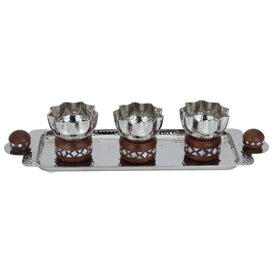 Al Saif Gallery Steel Bowl set, with wooden base, with serving tray, 4 pieces - Silver product image