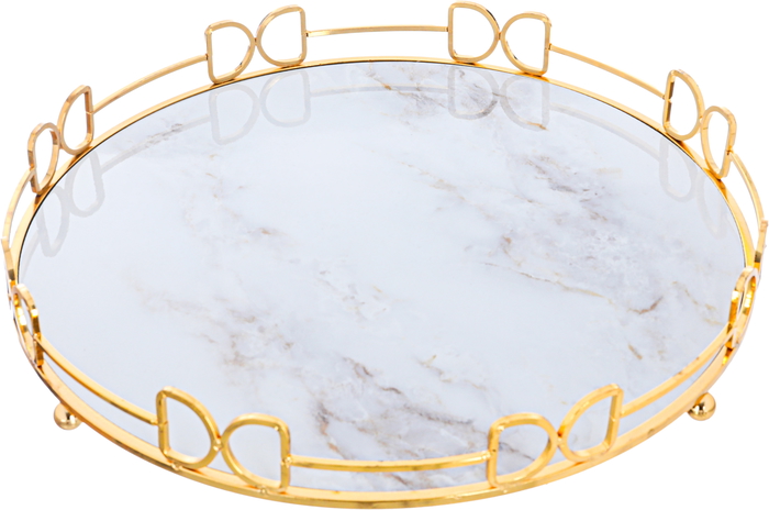 Al Saif Gallery steel serving tray with gold edges, 40 x 40 x 4 cm, round, marble - white product image 1