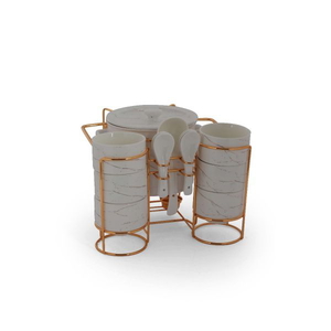 Al Saif Gallery porcelain soup set, golden stand, 15 pieces - white marble product image