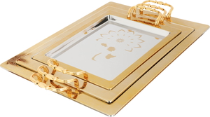 Alsaif Plus Steel Serving Treys Set with gold edges, 3 pieces, rectangular - silver product image